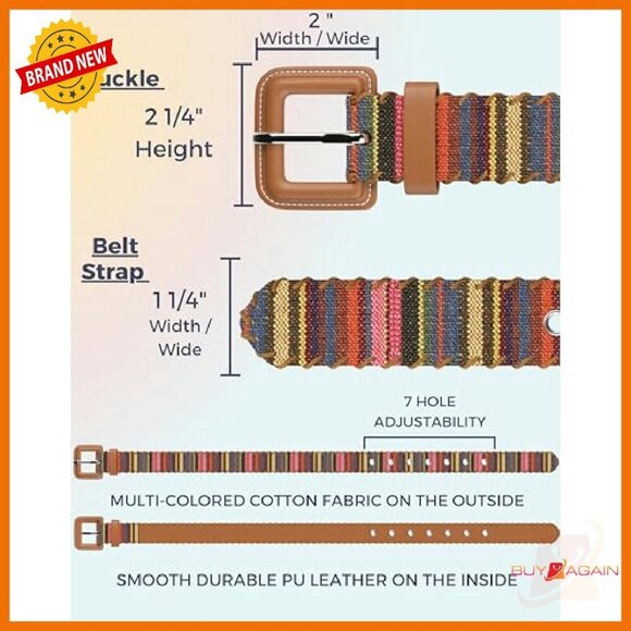 Women\'s Casual Woven Belt with Leather Buckle - Adjustable 7 Hole Fit
